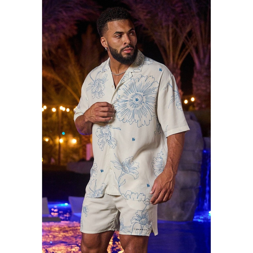 YoungLA Azure Flowers Button Up Shirt White Blue #4006 Size Medium New With Tags